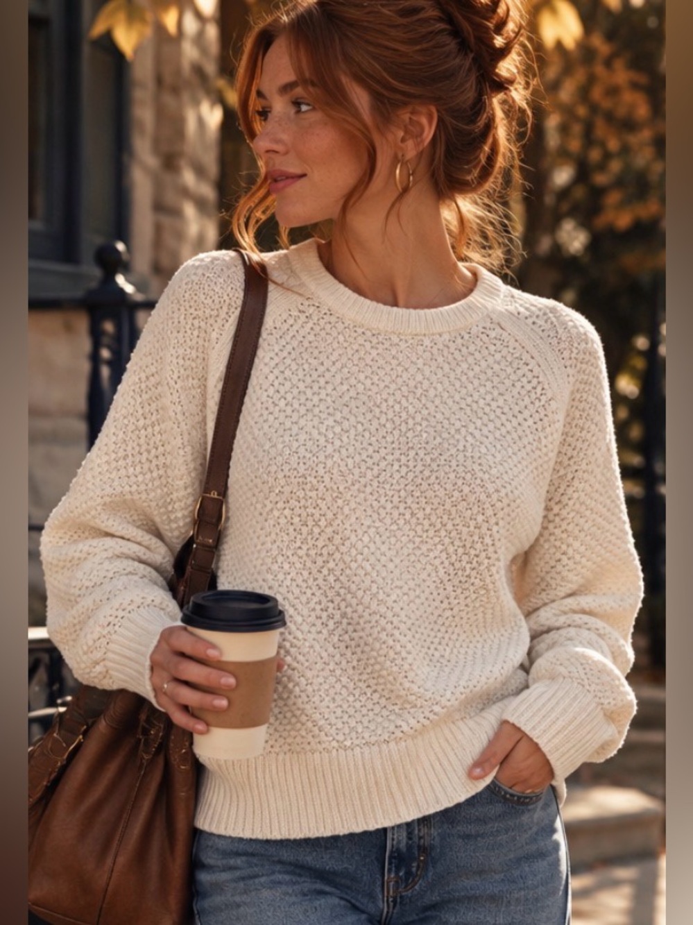 Lauren Ralph Lauren Ivory Cotton Textured Knit Crewneck Preppy roll neck Sweater